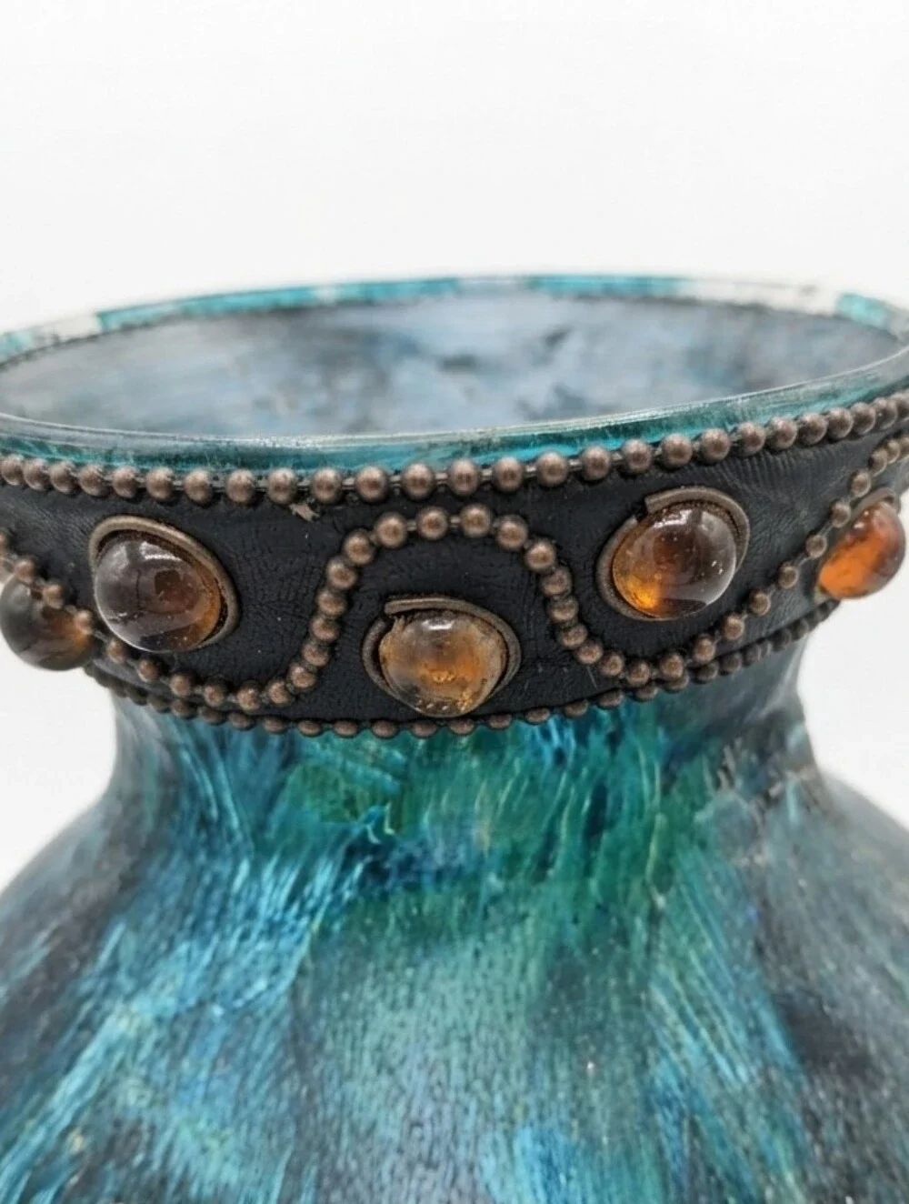 Boho Chic Art Glass Vases Teal & Gold Brushstroke, Amber Cabochon Trim, Set Of2
